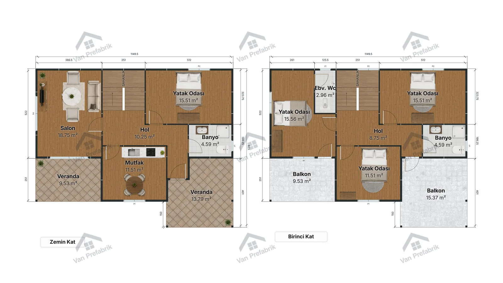 190 m² Dubleks Prefabrik kat planı