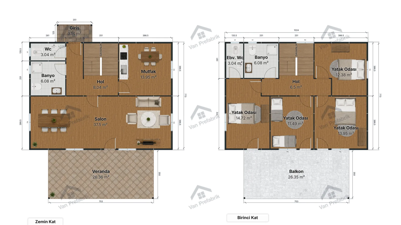 214 m² Dubleks Prefabrik kat planı