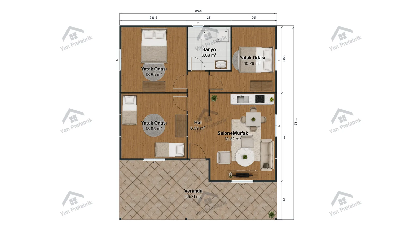 100m2 Tek Katlı Prefabrik Ev - B Tipi kat planı