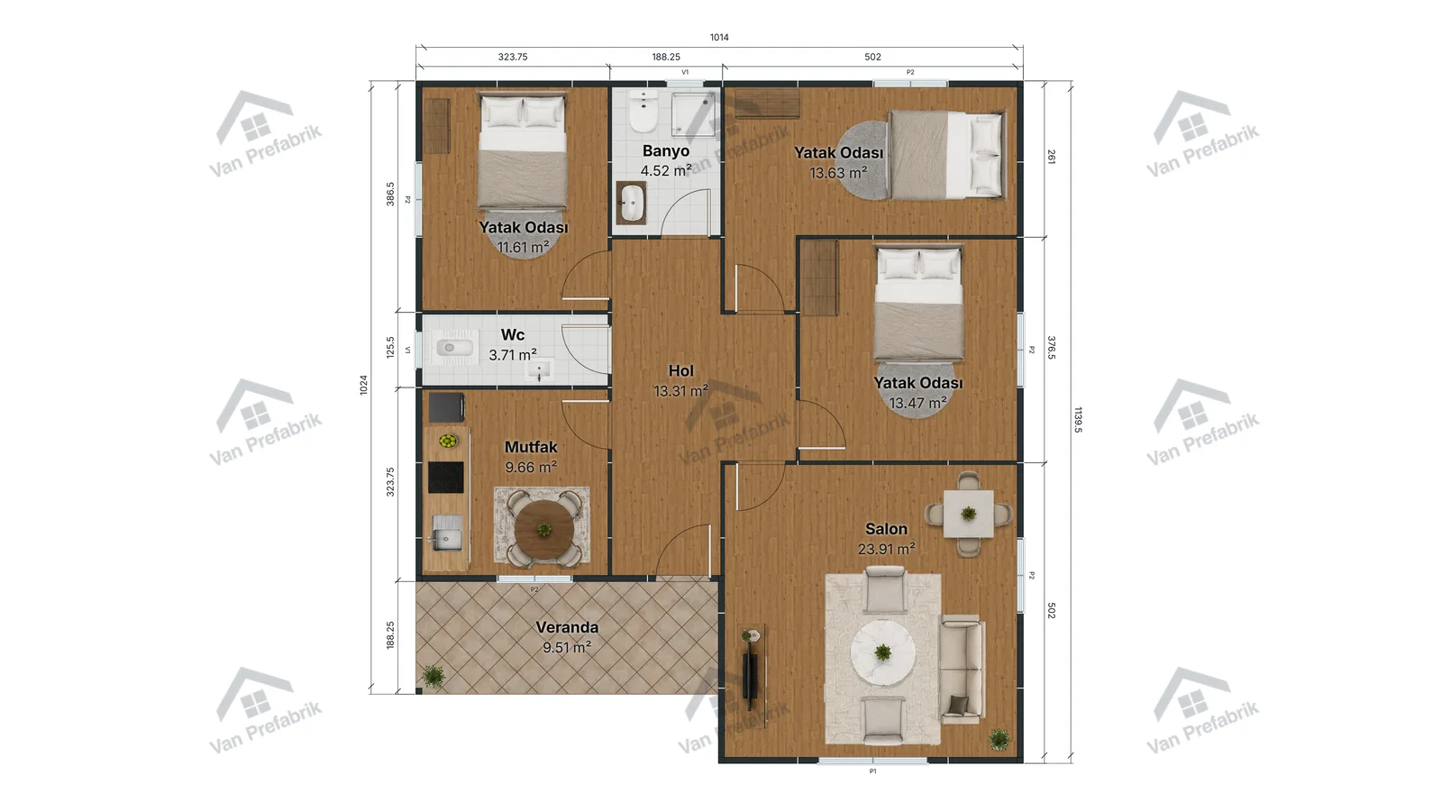 110 m² Tek Katlı Prefabrik kat planı