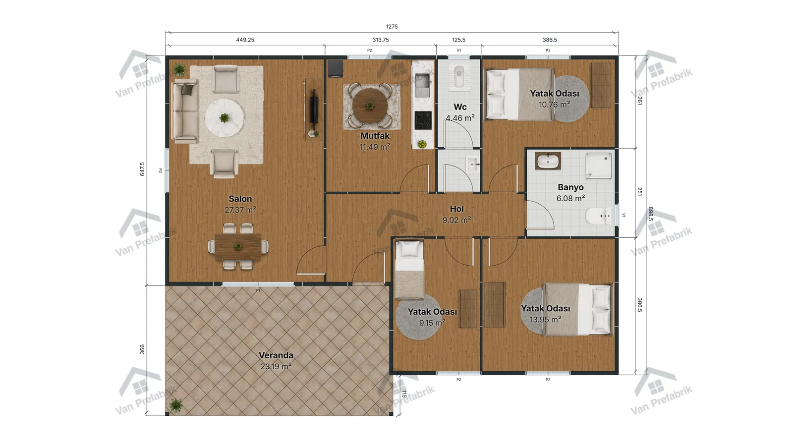 122 m² Tek Katlı Prefabrik kat planı