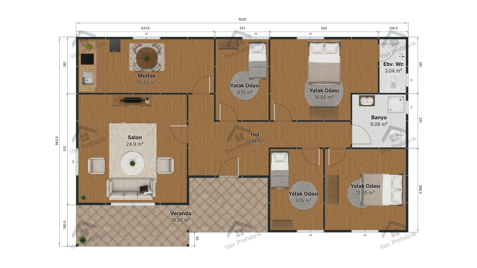 140 m² Tek Katlı Prefabrik kat planı