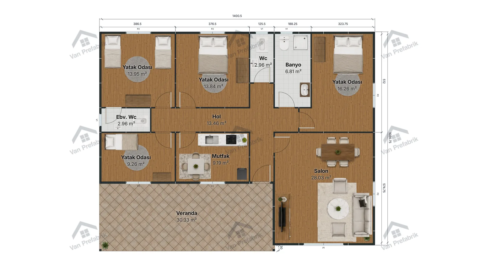 155 m² Tek Katlı Prefabrik kat planı