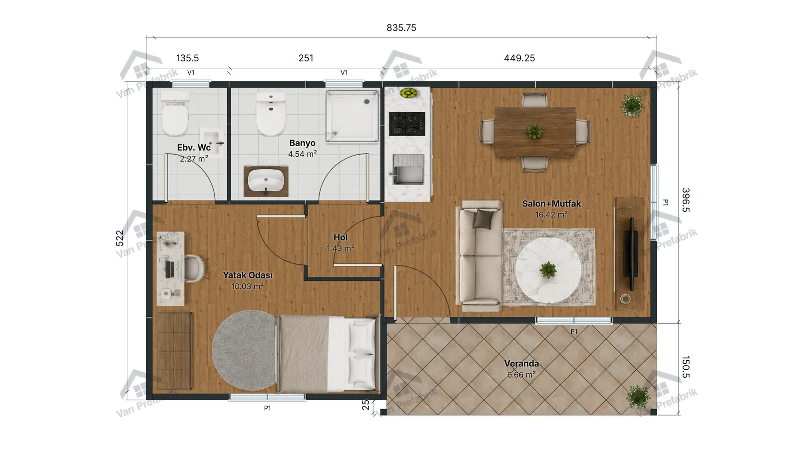 45m2 Tek Katlı Prefabrik Ev - A Tipi kat planı