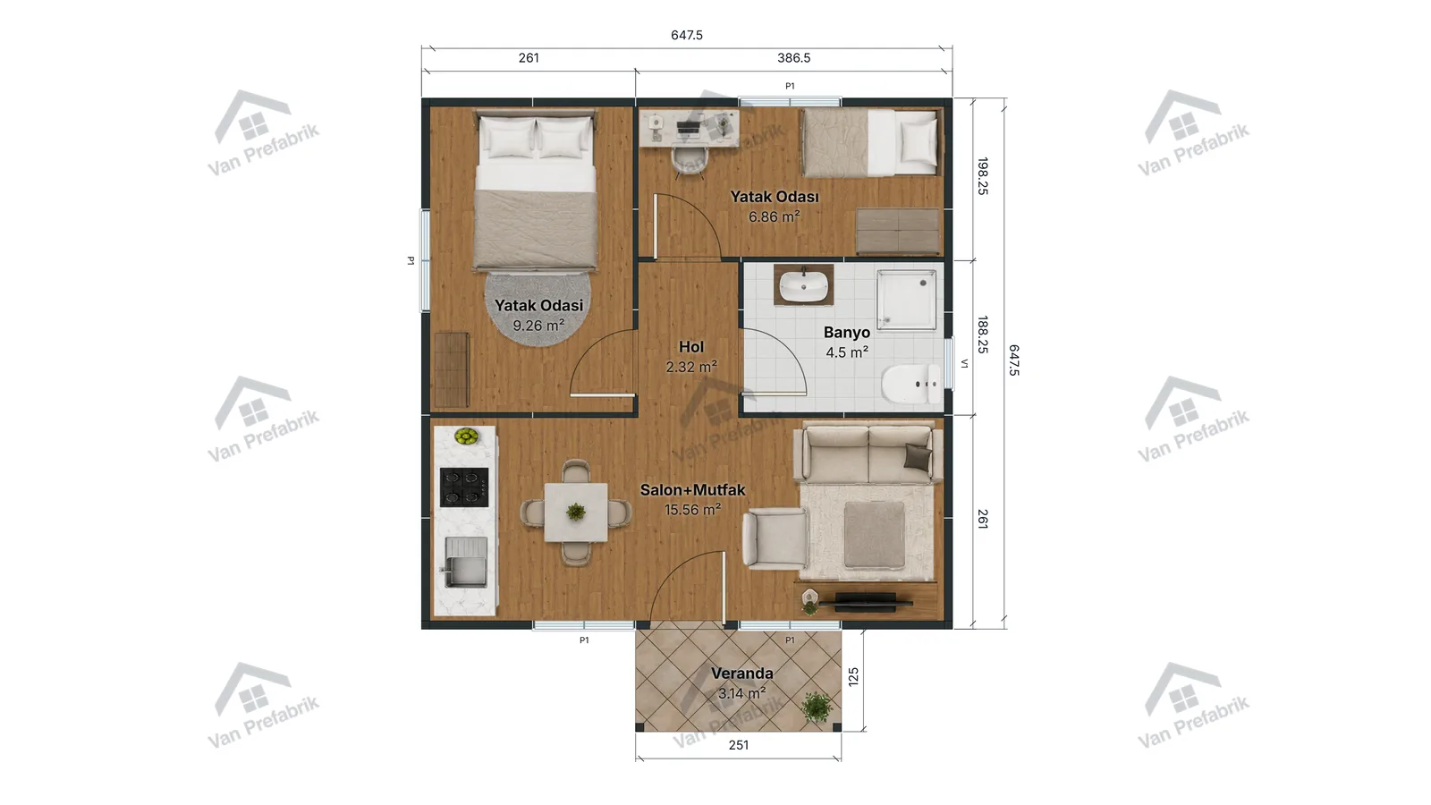 45m2 Tek Katlı Prefabrik Ev - B Tipi kat planı