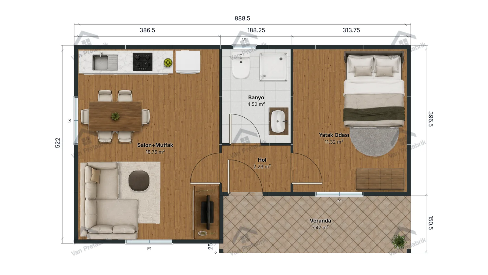 48 m² Tek Katlı Prefabrik kat planı