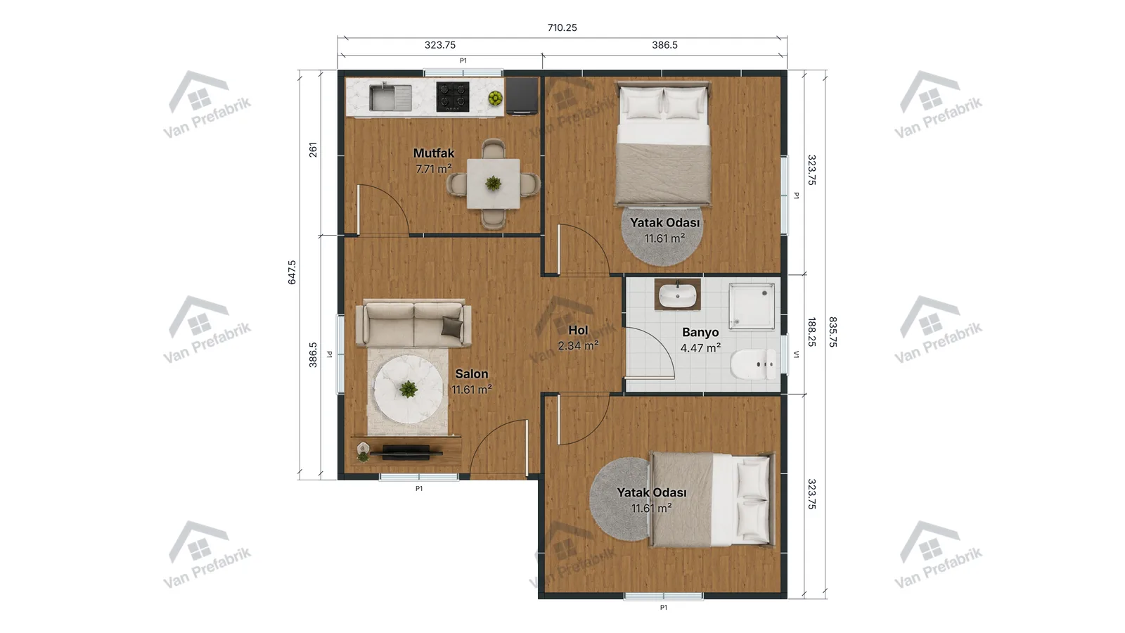 54 m² Tek Katlı Prefabrik kat planı