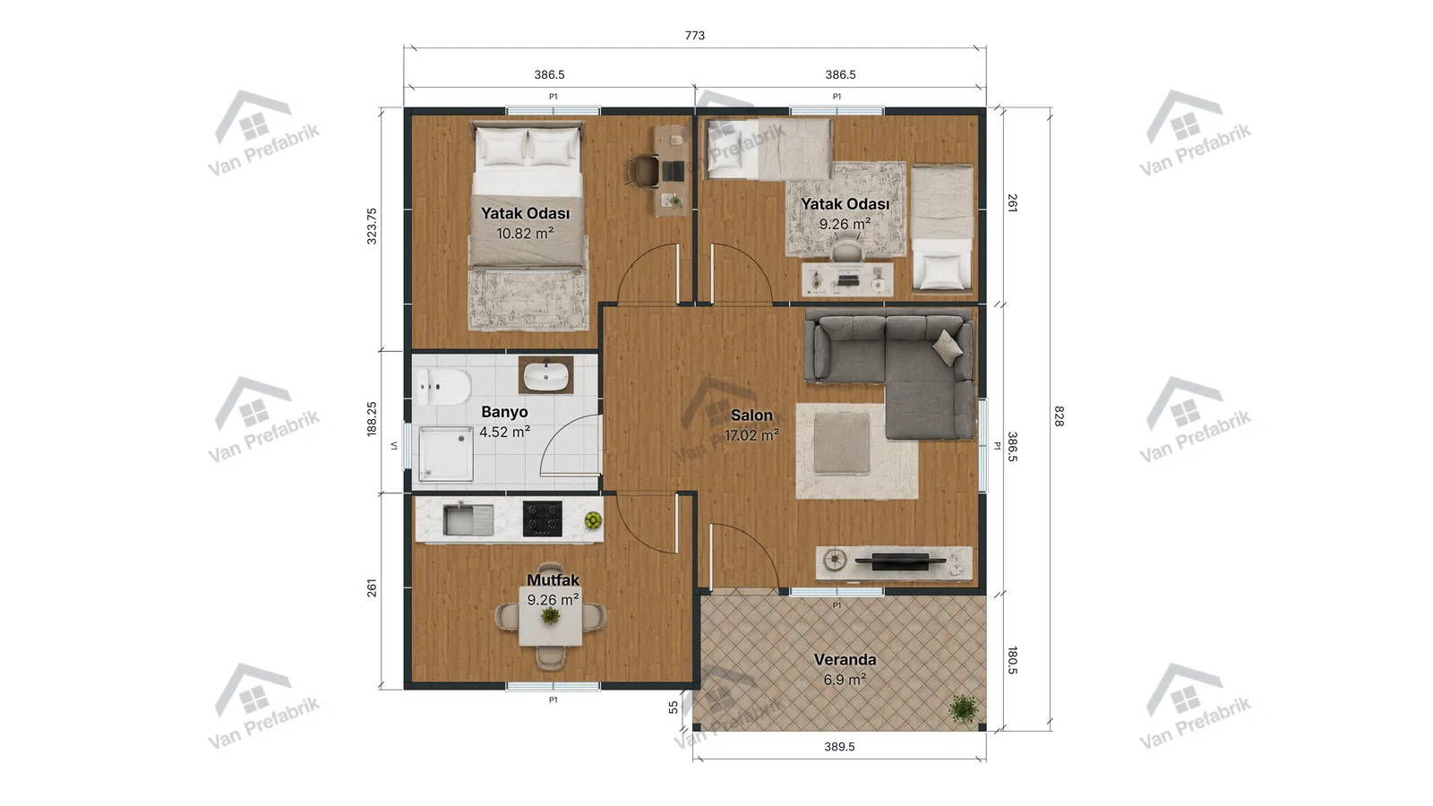 62 m² Tek Katlı Prefabrik kat planı