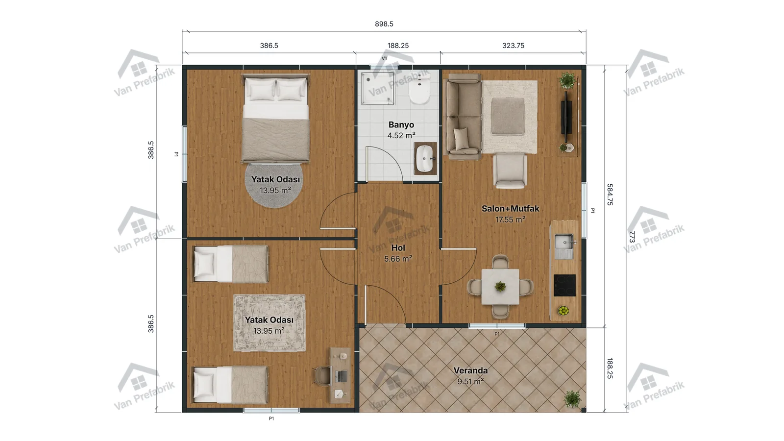 70 m² Tek Katlı Prefabrik kat planı