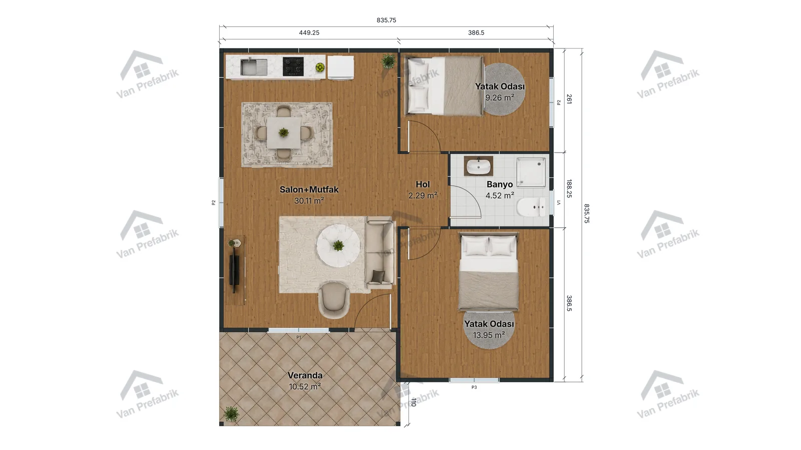 75 m² Tek Katlı Prefabrik kat planı
