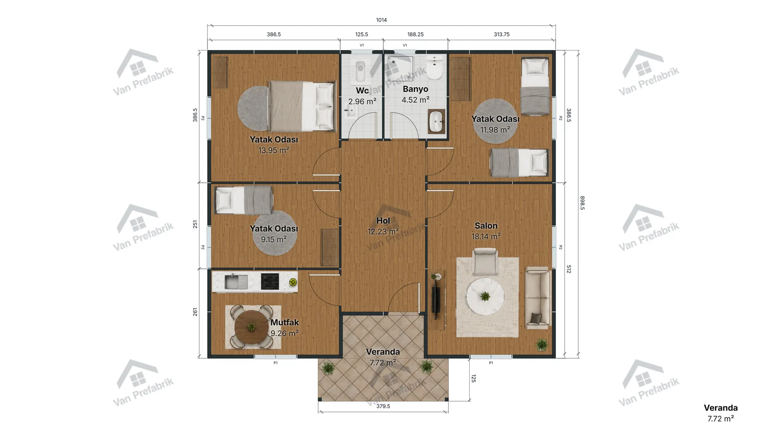 96 m² Tek Katlı Prefabrik kat planı
